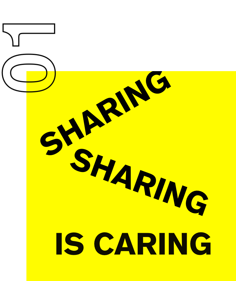 Zahl 01 und Text "SHARING SHARING IS CARING" auf einem gelben Hintergrund