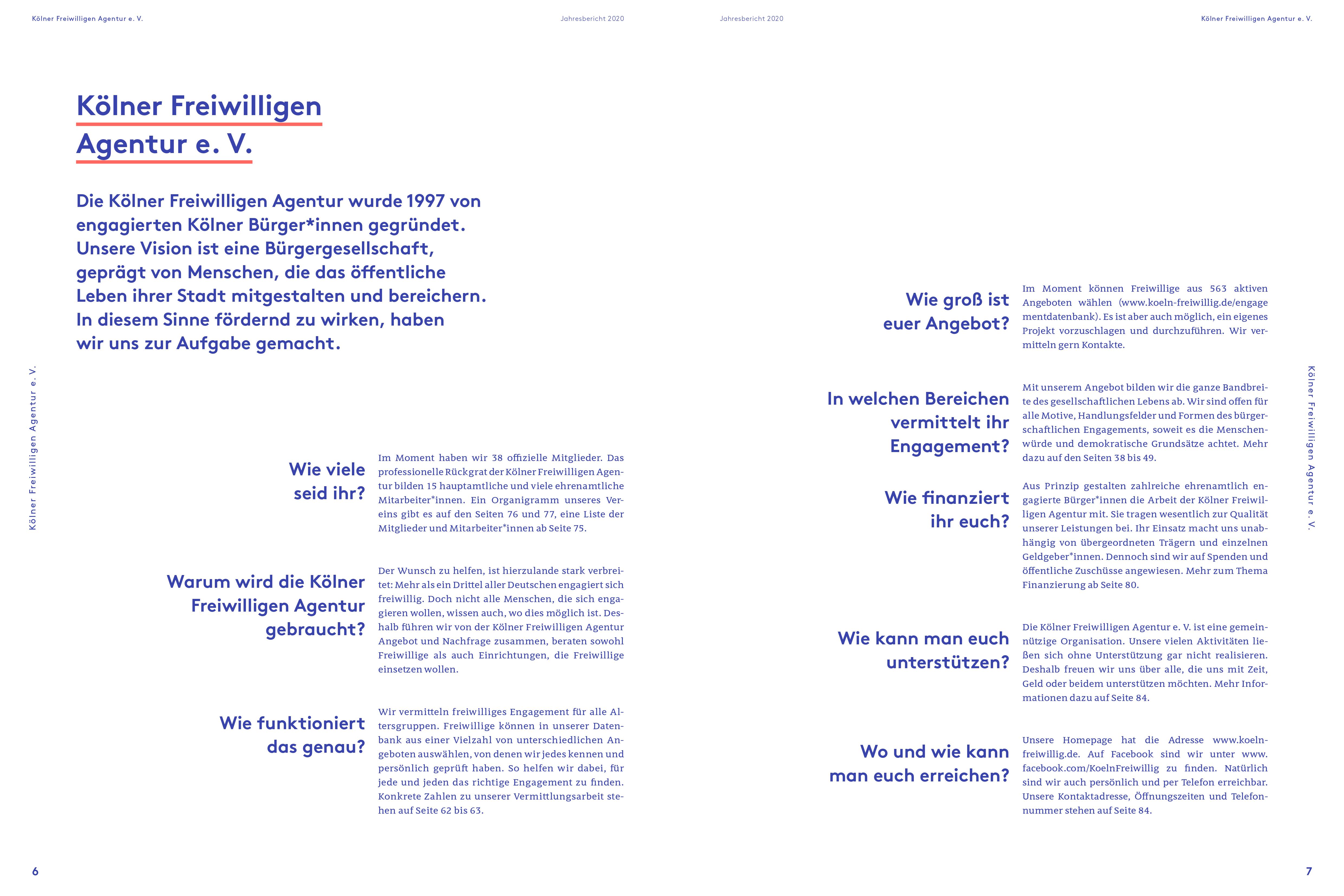 Seiten aus dem Jahresbericht 2020 der Kölner Freiwilligen Agentur